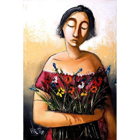 Lady with Flowers Black Modern Wood Framed Art Print with Double Matting by West, Ronald