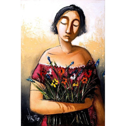 Lady with Flowers Black Modern Wood Framed Art Print by West, Ronald