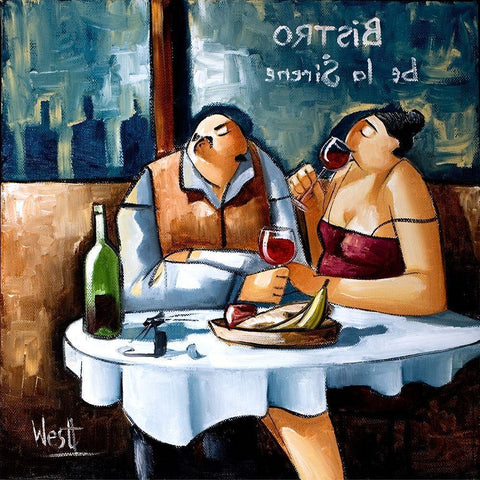 Dinner for Two White Modern Wood Framed Art Print by West, Ronald