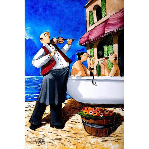 Bath and Violin Serenade Black Modern Wood Framed Art Print by West, Ronald