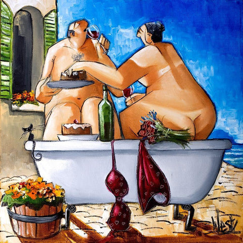 Couple Bathing White Modern Wood Framed Art Print with Double Matting by West, Ronald