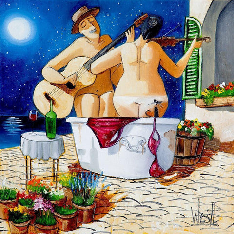 Musicians Bathing Black Modern Wood Framed Art Print by West, Ronald