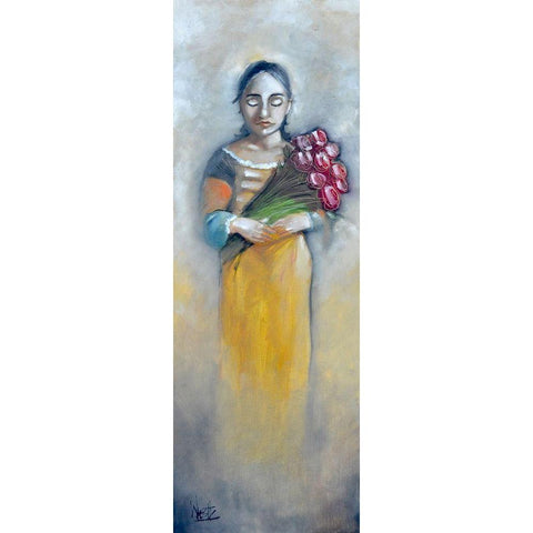 Woman with Roses White Modern Wood Framed Art Print by West, Ronald