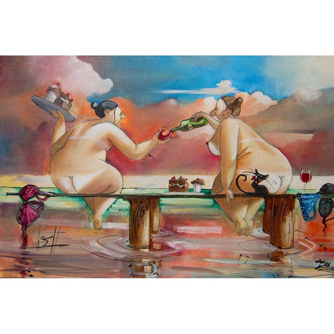 Wine and Cake on Jetty White Modern Wood Framed Art Print by West, Ronald
