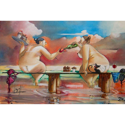 Wine and Cake on Jetty Black Modern Wood Framed Art Print with Double Matting by West, Ronald