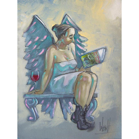 Angel Reading Black Modern Wood Framed Art Print with Double Matting by West, Ronald