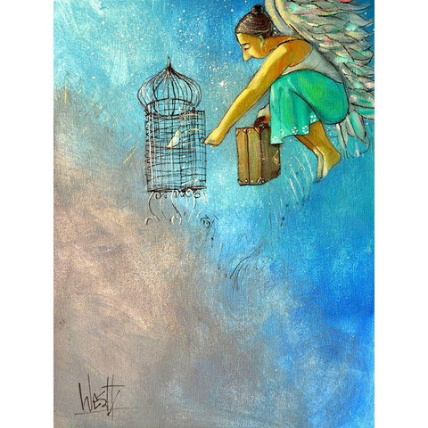 Angel and Birds II White Modern Wood Framed Art Print by West, Ronald