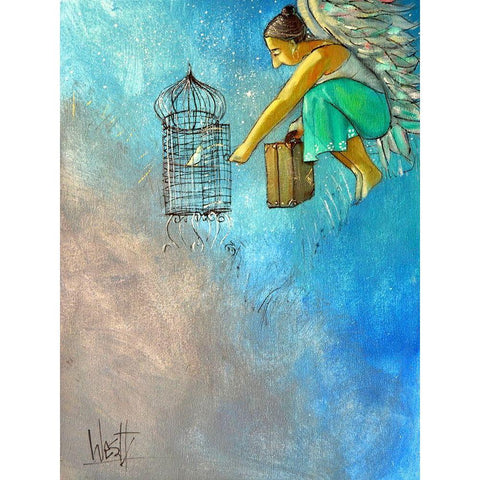 Angel and Birds II Black Modern Wood Framed Art Print with Double Matting by West, Ronald