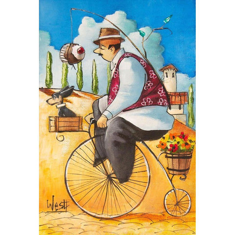 Man on Bicycle w/Cupcake Black Modern Wood Framed Art Print with Double Matting by West, Ronald