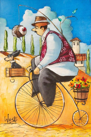 Man on Bicycle w/Cupcake White Modern Wood Framed Art Print with Double Matting by West, Ronald