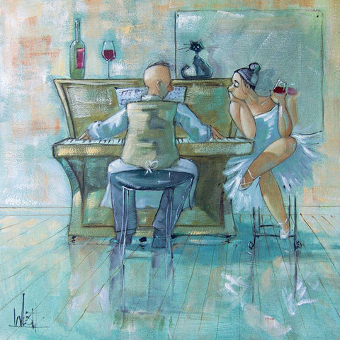 The Ballerina and Waiter Black Modern Wood Framed Art Print with Double Matting by West, Ronald