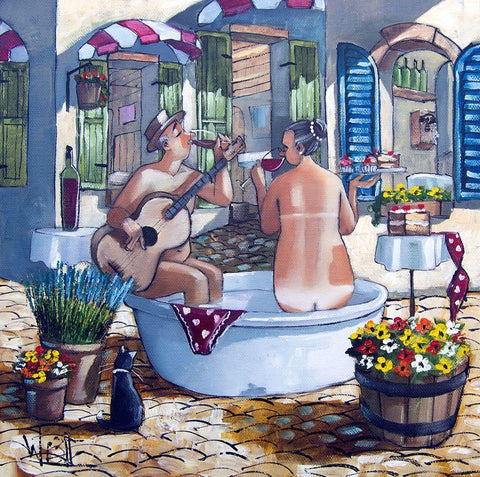 Bath and Guitar Serenade White Modern Wood Framed Art Print with Double Matting by West, Ronald