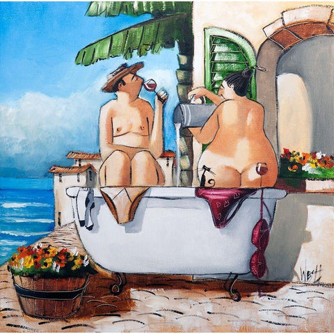 Bath Scene I Black Modern Wood Framed Art Print with Double Matting by West, Ronald