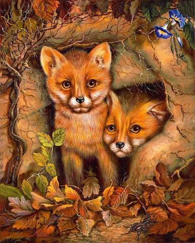 Fox Cubs Black Ornate Wood Framed Art Print with Double Matting by Strubel, Klaus