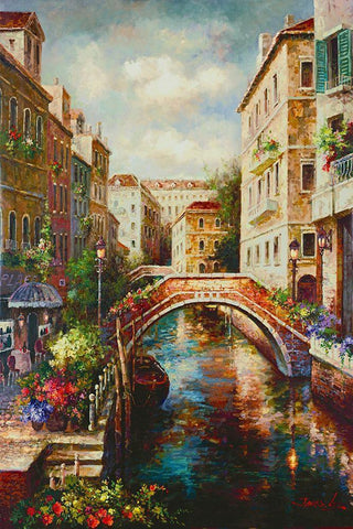 Venice Canal Black Ornate Wood Framed Art Print with Double Matting by Lee, James