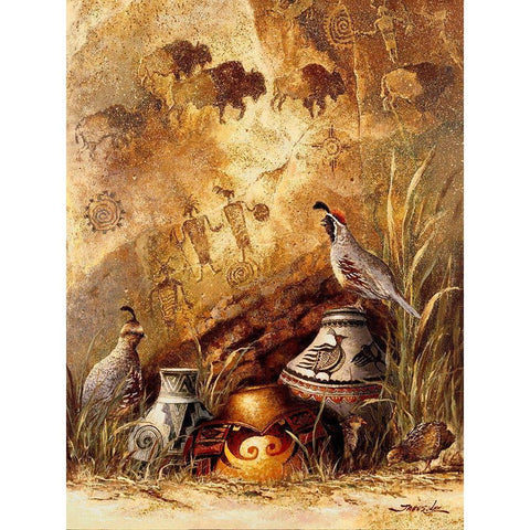 Pots and Quails Black Modern Wood Framed Art Print with Double Matting by Lee, James