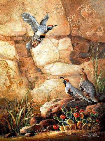 Three Quails White Modern Wood Framed Art Print with Double Matting by Lee, James