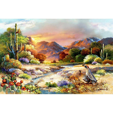 Desert Quails Gold Ornate Wood Framed Art Print with Double Matting by Lee, James