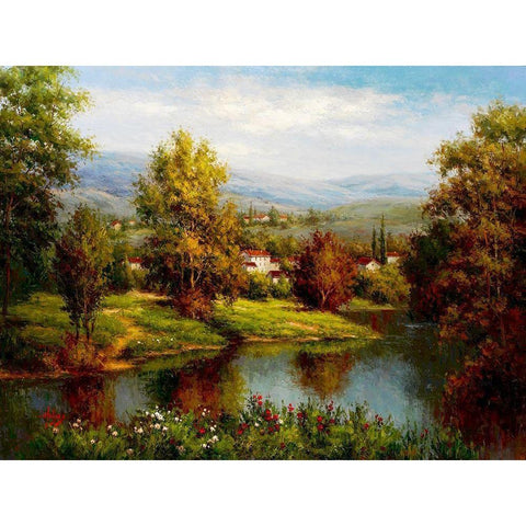 Village at the River Bank White Modern Wood Framed Art Print by Hulsey