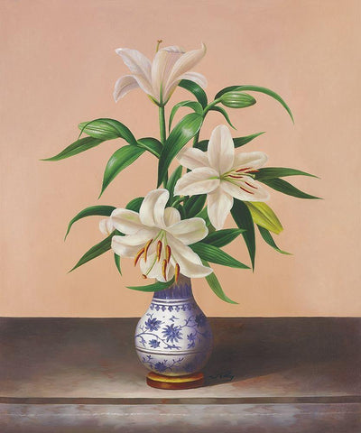 White Lilies White Modern Wood Framed Art Print with Double Matting by Welby