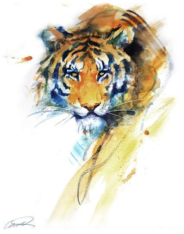 Tiger Strokes White Modern Wood Framed Art Print with Double Matting by Campbell, Robert