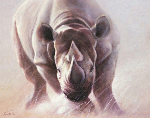 Full Speed Ahead Rhino Black Ornate Wood Framed Art Print with Double Matting by Campbell, Robert