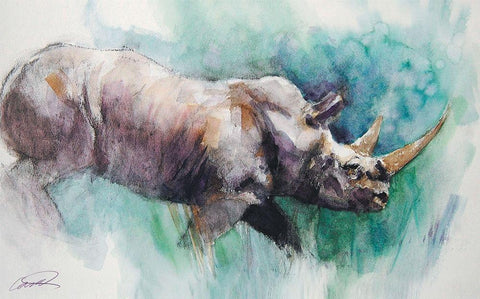 Rhino Crossing Black Ornate Wood Framed Art Print with Double Matting by Campbell, Robert