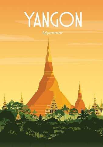 Yangon myanmar travel poster White Modern Wood Framed Art Print with Double Matting by ARCTIC FRAME