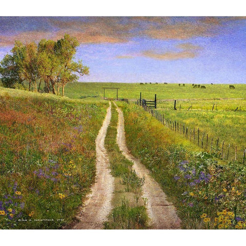 Road and Cows Kansas Gold Ornate Wood Framed Art Print with Double Matting by Vest, Christopher