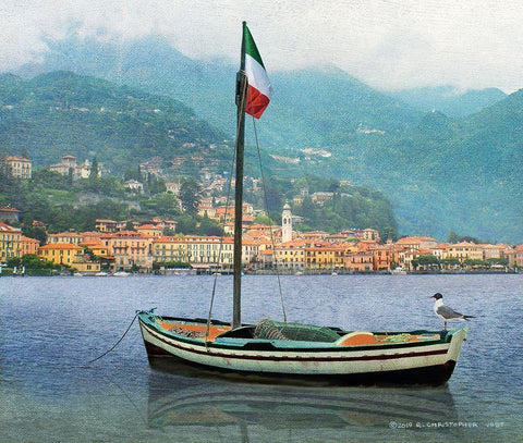 Village on Como with Boat Black Ornate Wood Framed Art Print with Double Matting by Vest, Christopher