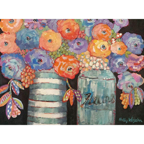 Two Aqua Vases of Flowers Black Modern Wood Framed Art Print by Wojahn, Holly