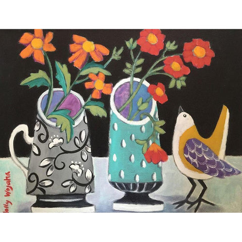 Two Cheery Vases and a Chirp White Modern Wood Framed Art Print by Wojahn, Holly