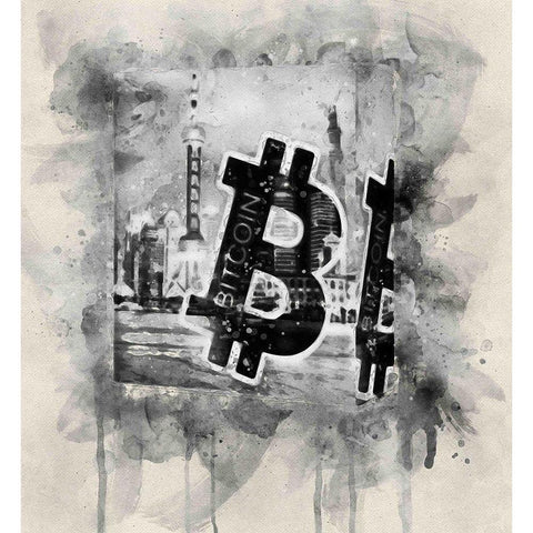 Bitcoin Block Black Modern Wood Framed Art Print with Double Matting by Surma, Agata