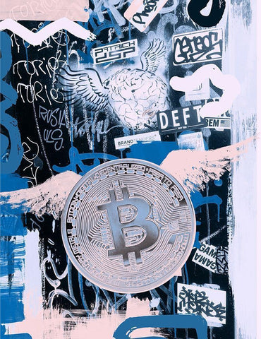 Bitcoin Street Art I White Modern Wood Framed Art Print with Double Matting by Orlov, Irena