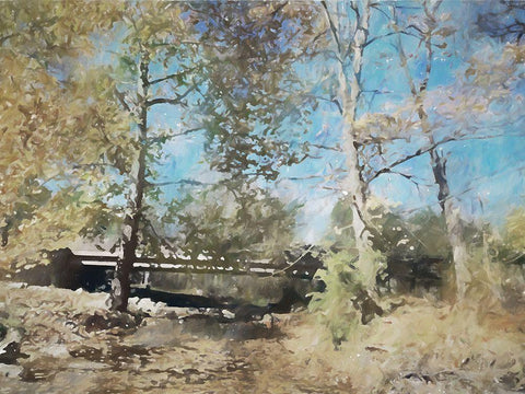 Autumn Bridge Black Ornate Wood Framed Art Print with Double Matting by Curinga, Kim