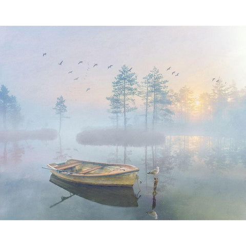 Lonely Lake Morning White Modern Wood Framed Art Print by Hunziker, Steve