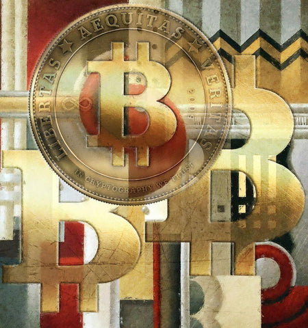 Bitcoin Deco VII White Modern Wood Framed Art Print with Double Matting by Hunziker, Steve