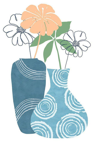 Blue Decorative Pots II White Modern Wood Framed Art Print with Double Matting by Kouta, Flora