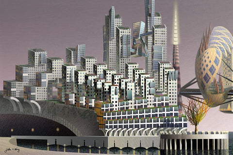 Fantatown II White Modern Wood Framed Art Print with Double Matting by Wang, John