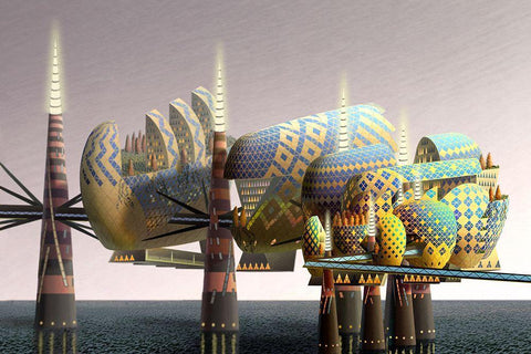 Fantatown III Black Ornate Wood Framed Art Print with Double Matting by Wang, John