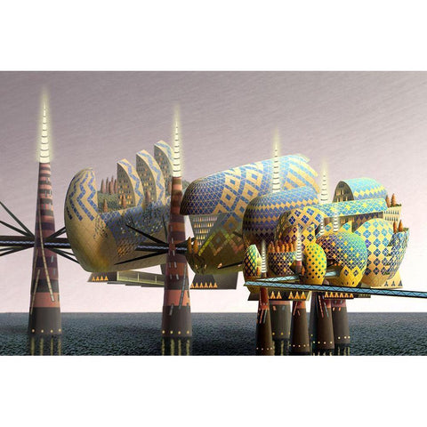 Fantatown III Black Modern Wood Framed Art Print with Double Matting by Wang, John