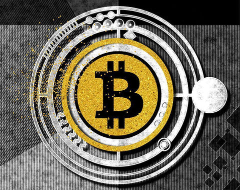 Bitcoin Glitterball Black Ornate Wood Framed Art Print with Double Matting by Smith, Karen