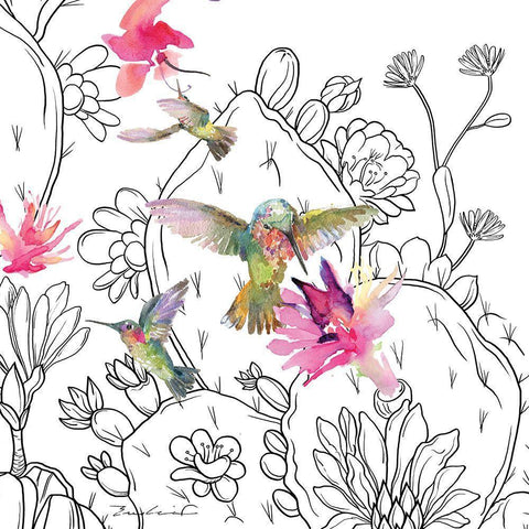 Desert Hummingbirds II White Modern Wood Framed Art Print with Double Matting by Evalia Designs