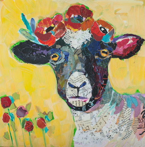 Floral Sheep White Modern Wood Framed Art Print with Double Matting by St Hilaire, Elizabeth