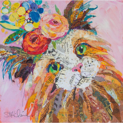 Floral Cat I White Modern Wood Framed Art Print by St Hilaire, Elizabeth