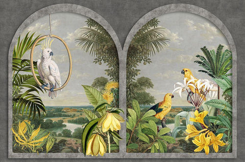 Window with Birds Black Ornate Wood Framed Art Print with Double Matting by Haase, Andrea