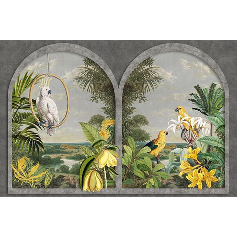 Window with Birds Black Modern Wood Framed Art Print with Double Matting by Haase, Andrea