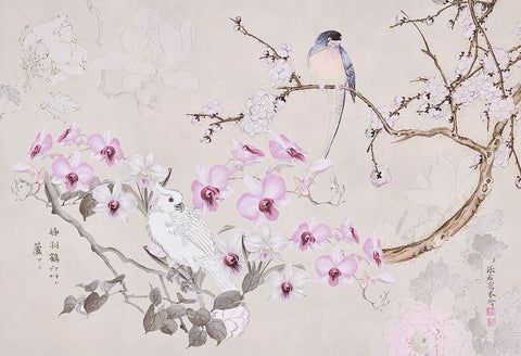 Chinoiserie with Birds White Modern Wood Framed Art Print with Double Matting by Haase, Andrea