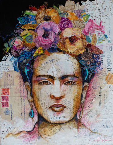 Fabulous Frida and Florals White Modern Wood Framed Art Print with Double Matting by St Hilaire, Elizabeth