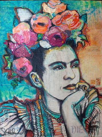 Frida and Florals White Modern Wood Framed Art Print with Double Matting by St Hilaire, Elizabeth